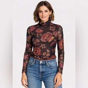 Ted Baker Lemonay Floral Mesh High Neck Top Size 2 Sheer Long Sleeve Mock Neck